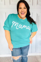 Take A Bow Mint "Mama" Embroidery Pop-Up Puff Sleeve Sweater Top Haptics