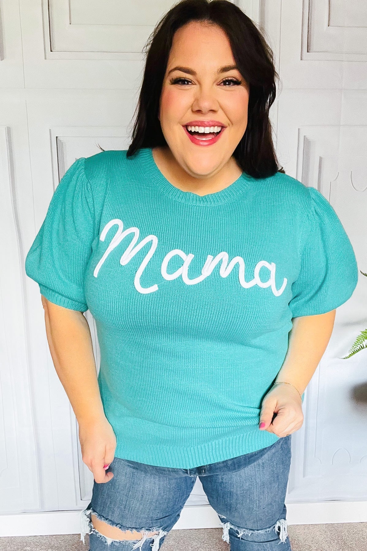 Take A Bow Mint "Mama" Embroidery Pop-Up Puff Sleeve Sweater Top Haptics