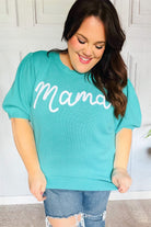 Take A Bow Mint "Mama" Embroidery Pop-Up Puff Sleeve Sweater Top Haptics