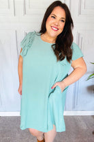 Out For The Day Sage Crinkle Woven Ruffle Sleeve Dress Haptics