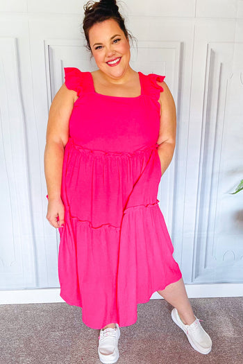 Lots To Love Fuchsia Smocked Flutter Sleeve Tiered Midi Dress Haptics