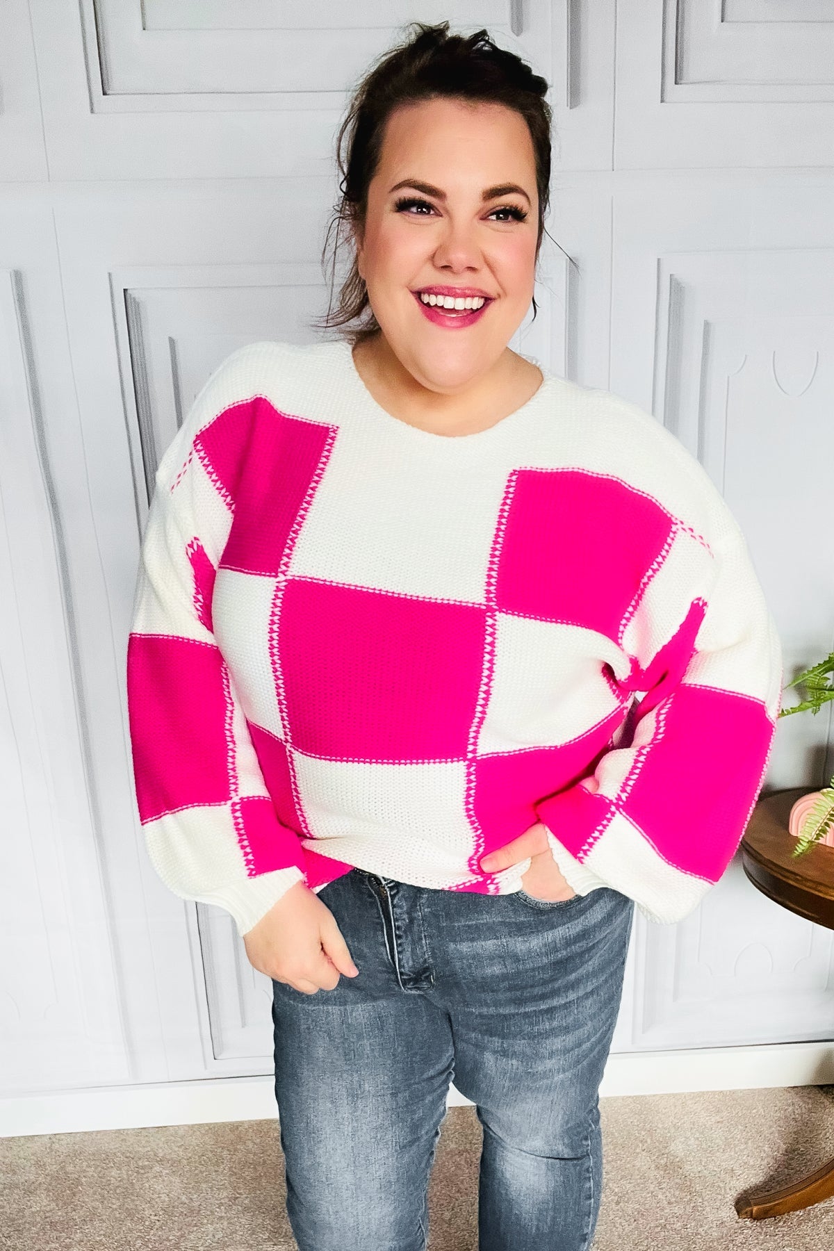 Tried & True Fuchsia Checkered Oversized Knit Sweater Haptics