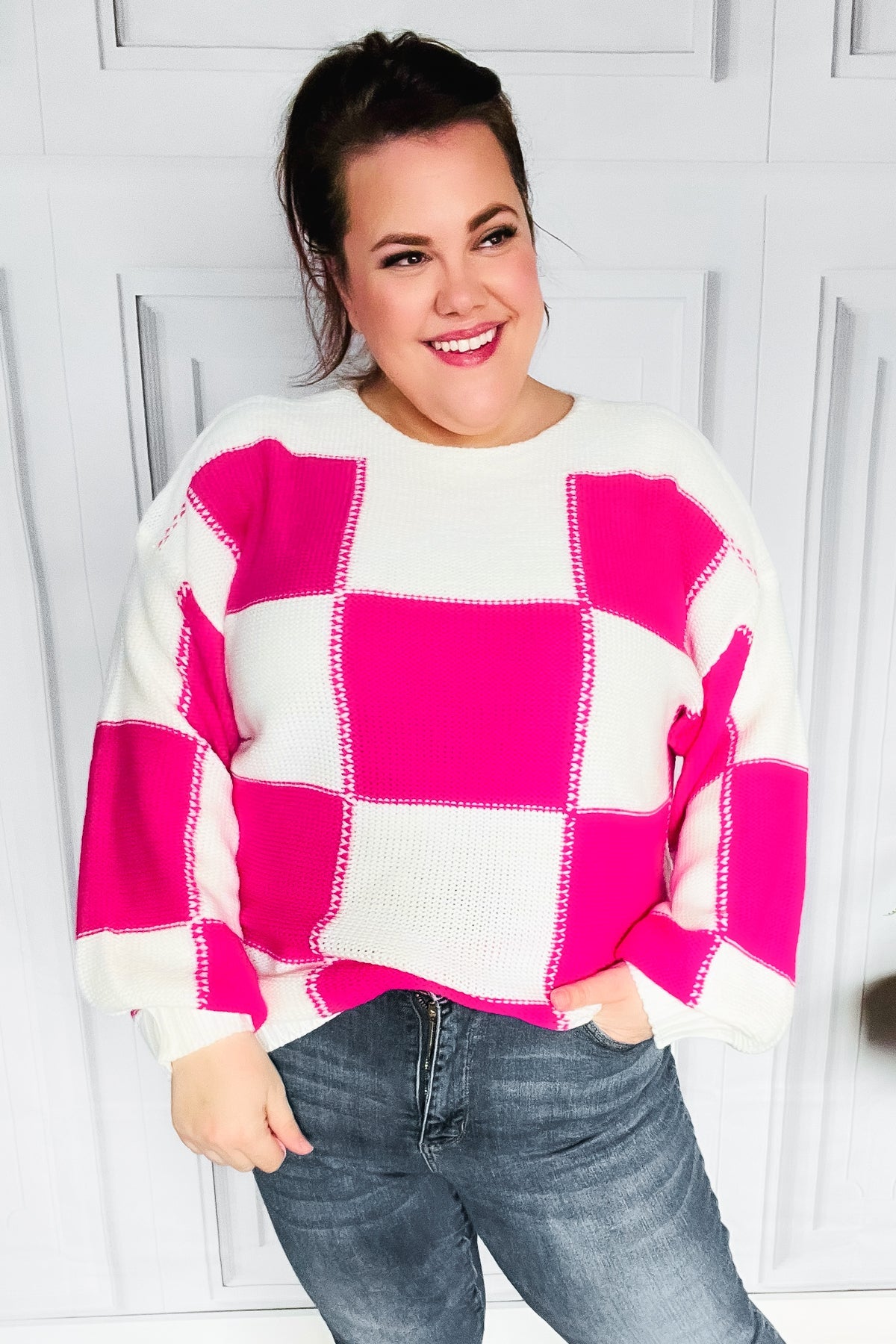 Tried & True Fuchsia Checkered Oversized Knit Sweater Haptics