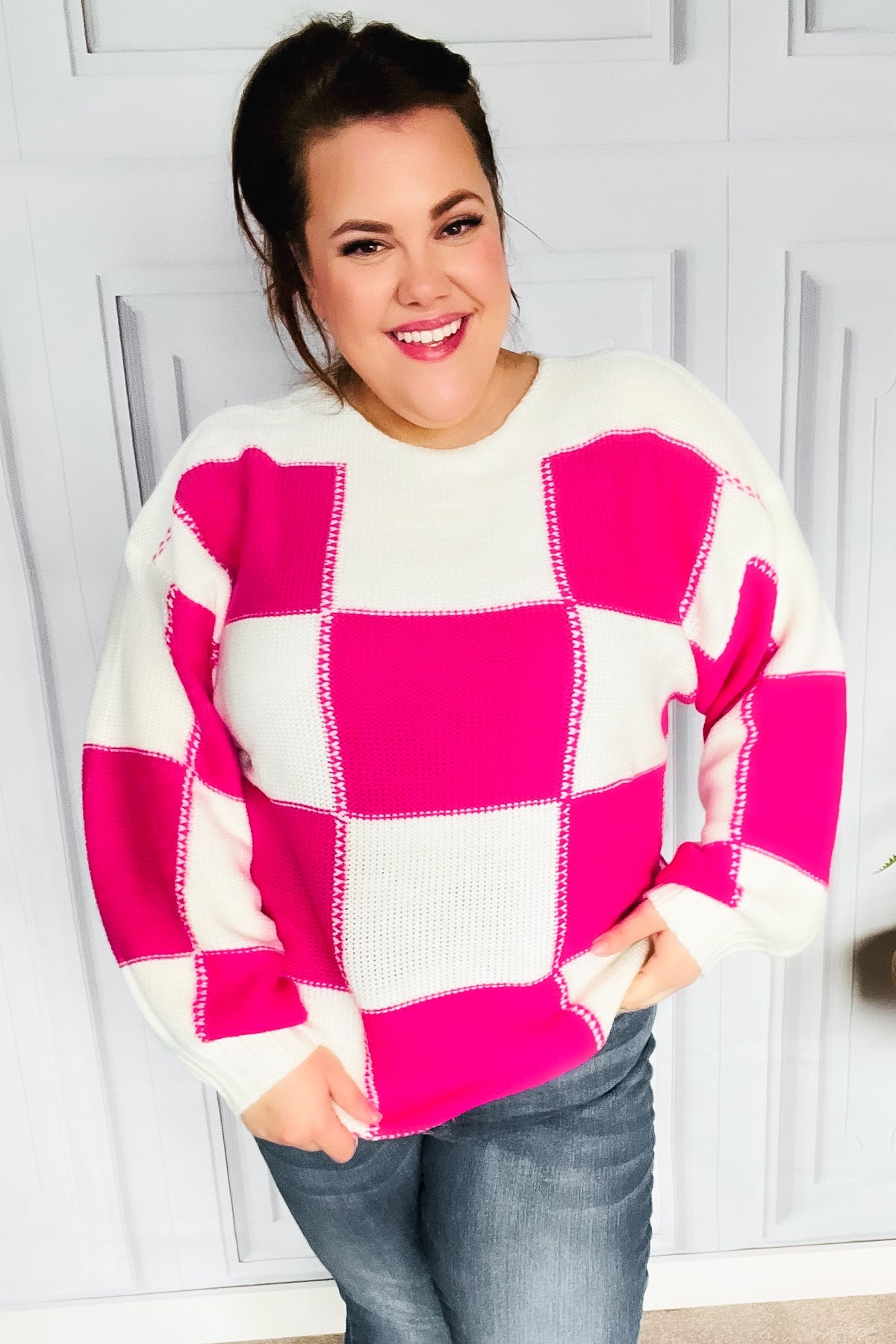 Tried & True Fuchsia Checkered Oversized Knit Sweater Haptics