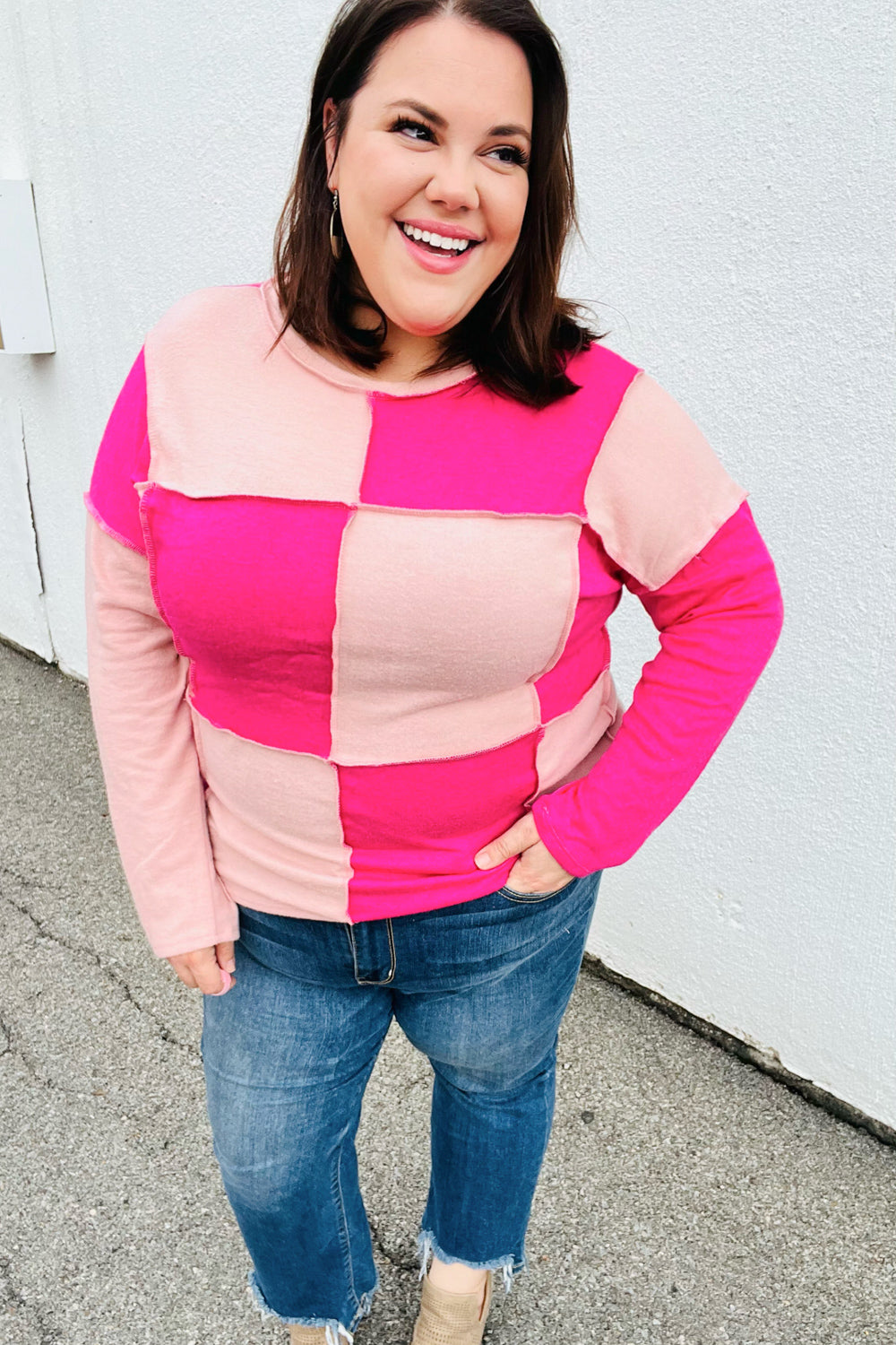 Pink/Blush Checkerboard Outseam Colorblock Sweater Top Haptics