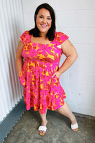 Fuchsia & Orange Tropical Floral Square Neck Dress Haptics