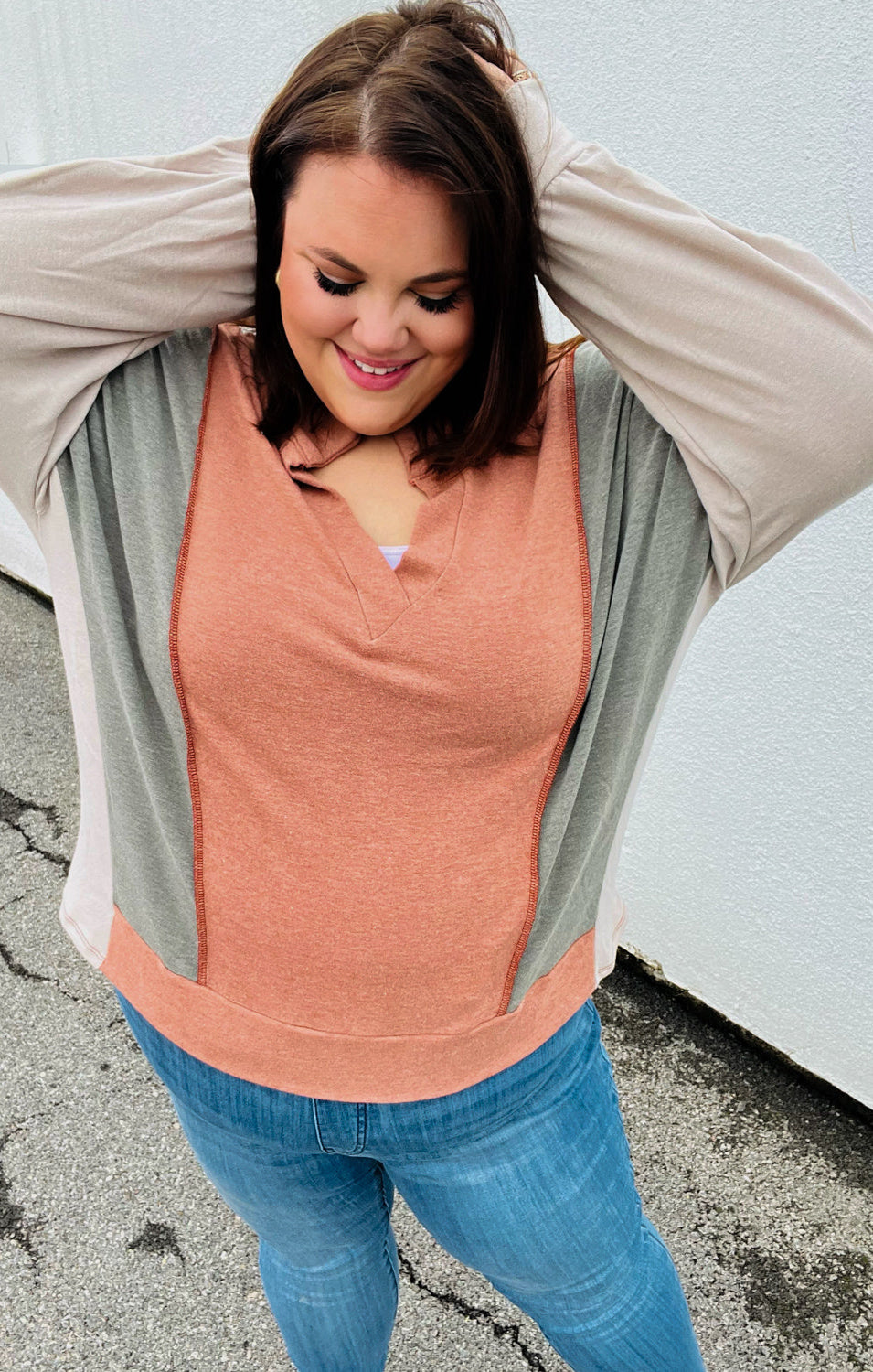 Weekend Bliss Rust & Olive Collared Terry Color Block Top Haptics