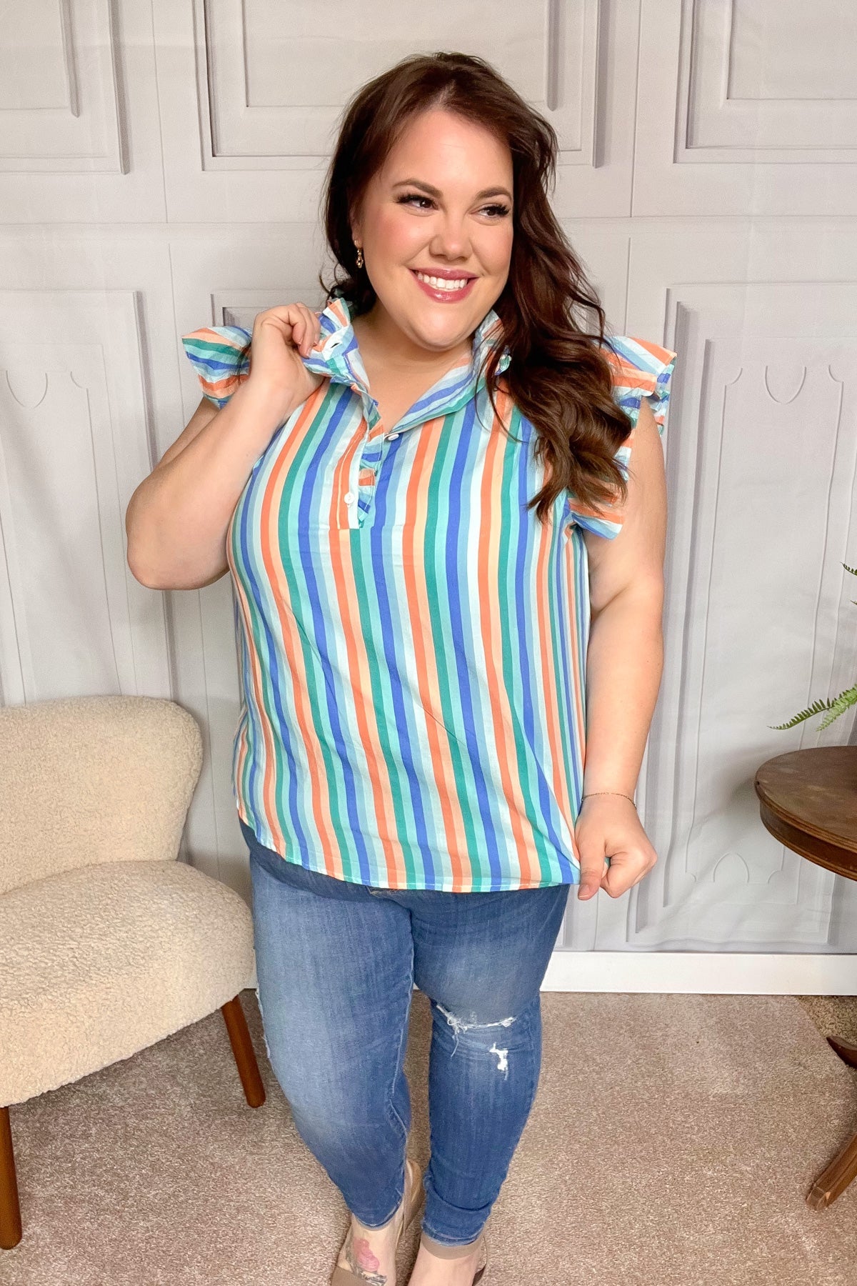 Happy Thoughts Sky Blue Striped Frill Button Down Top Haptics