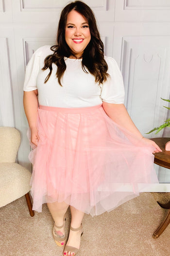 Feeling Femme' Blush Asymmetric Tiered Tulle Midi Skirt Haptics