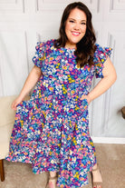 Just A Dream Navy Floral Smocked Ruffle Sleeve Maxi Dress Haptics