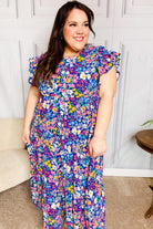 Just A Dream Navy Floral Smocked Ruffle Sleeve Maxi Dress Haptics