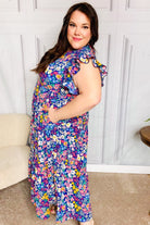 Just A Dream Navy Floral Smocked Ruffle Sleeve Maxi Dress Haptics