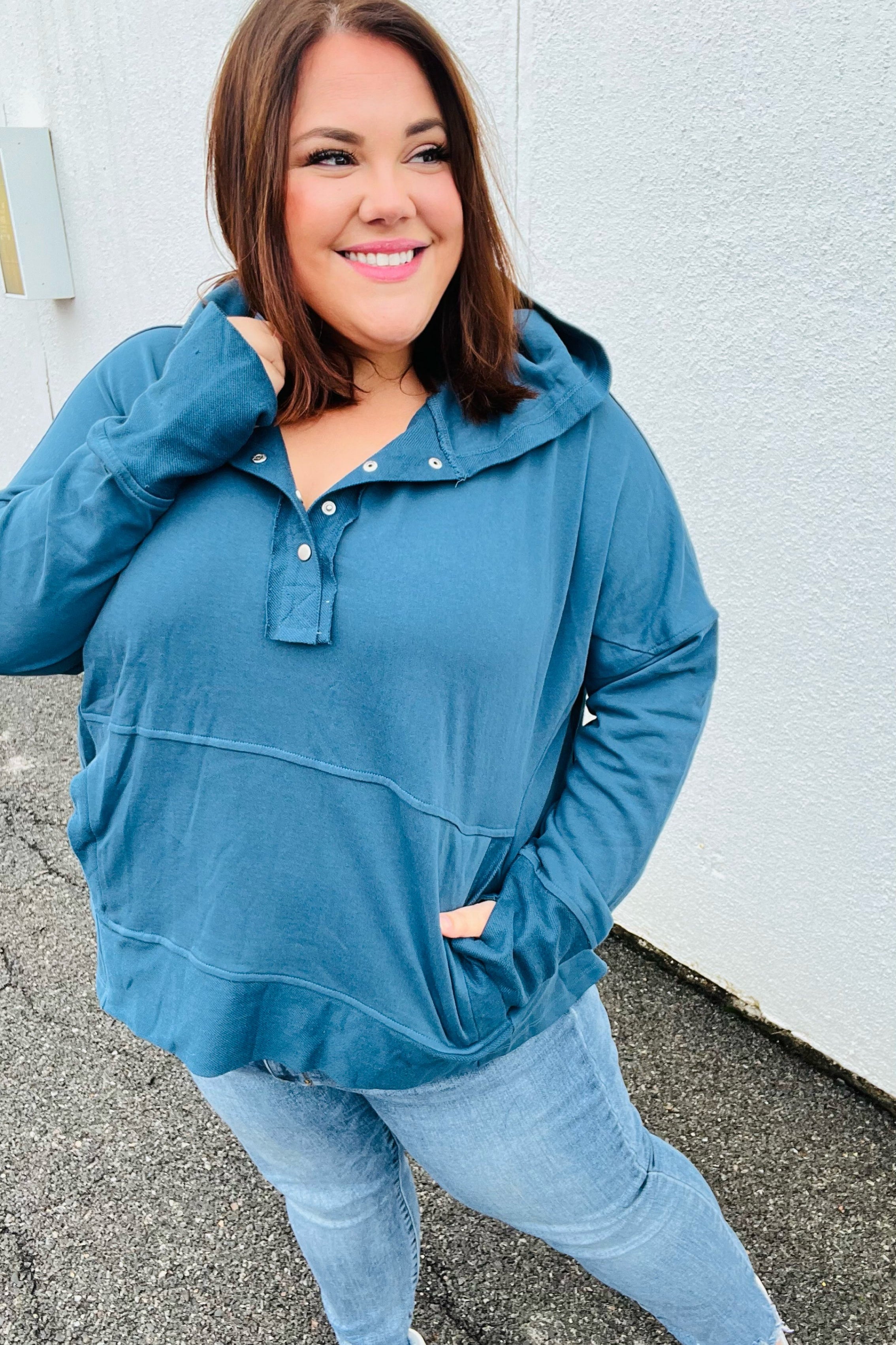 Cozy Up Teal French Terry Snap Button Hoodie Haptics