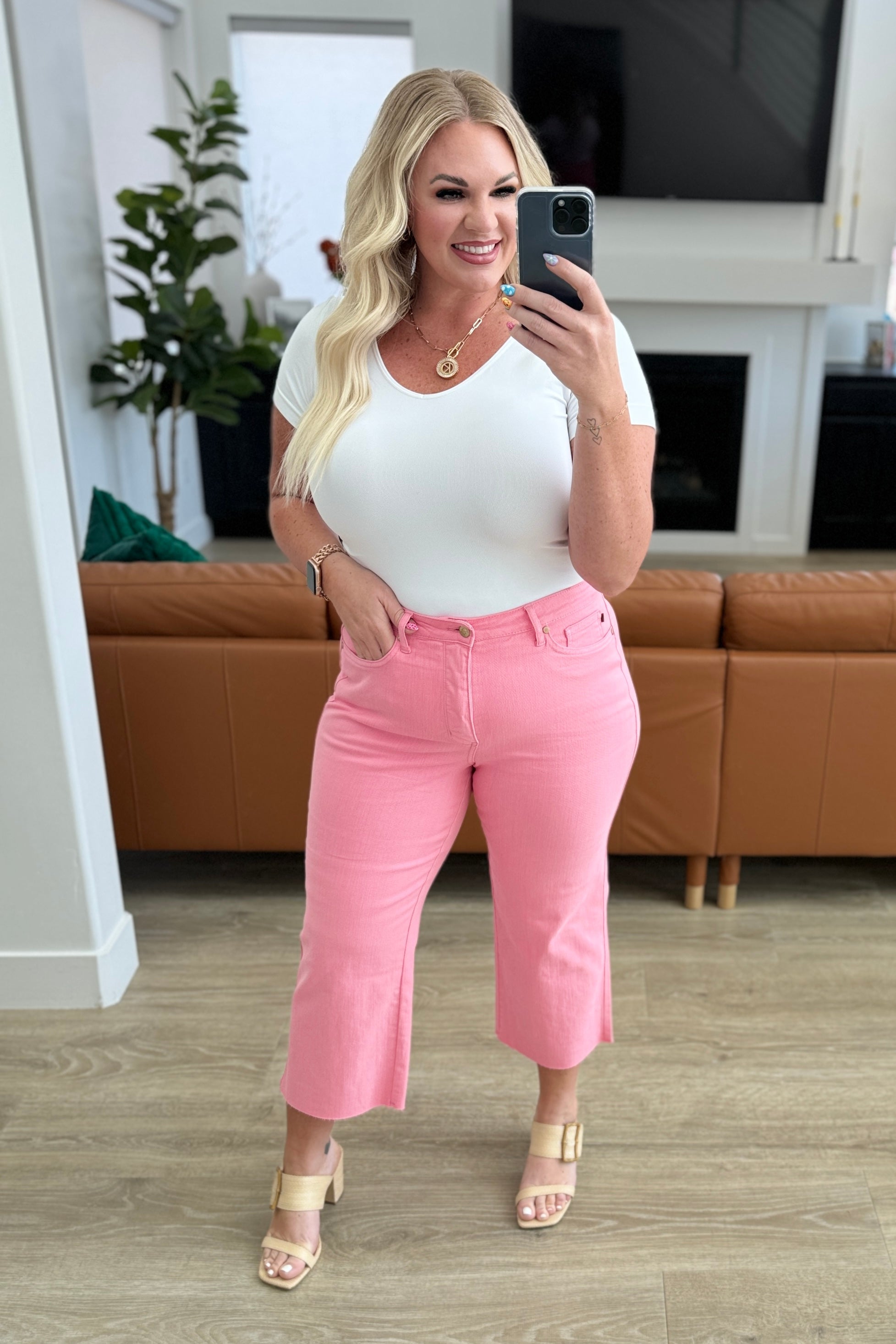 Lisa High Rise Control Top Wide Leg Crop Jeans in Pink Ave Shops