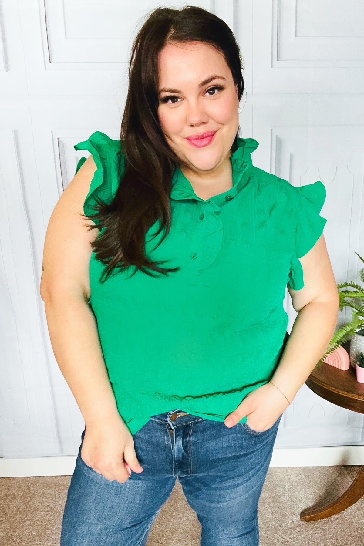 Kelly Green Textured Ruffle Mock Neck Button Down Top Haptics