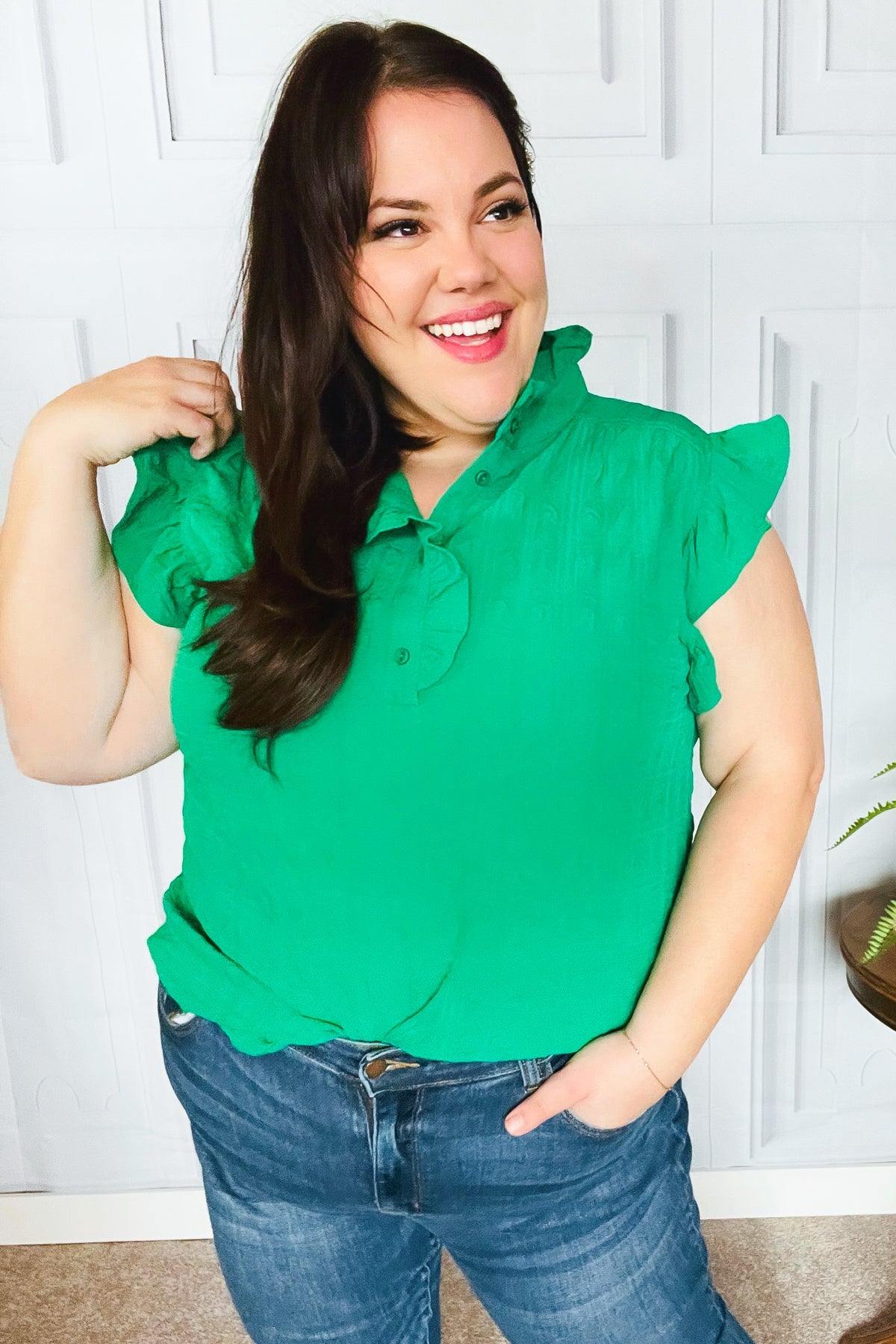 Kelly Green Textured Ruffle Mock Neck Button Down Top Haptics