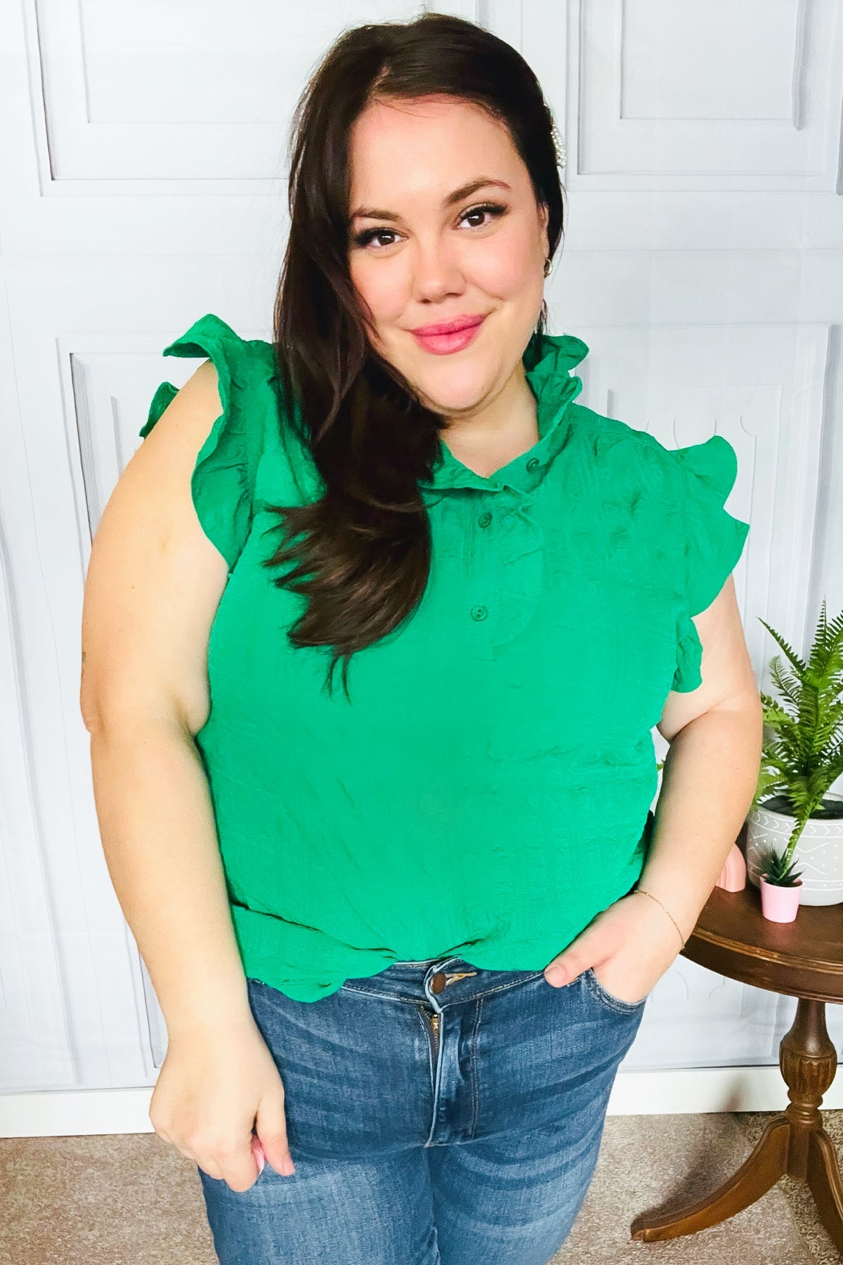 Kelly Green Textured Ruffle Mock Neck Button Down Top Haptics