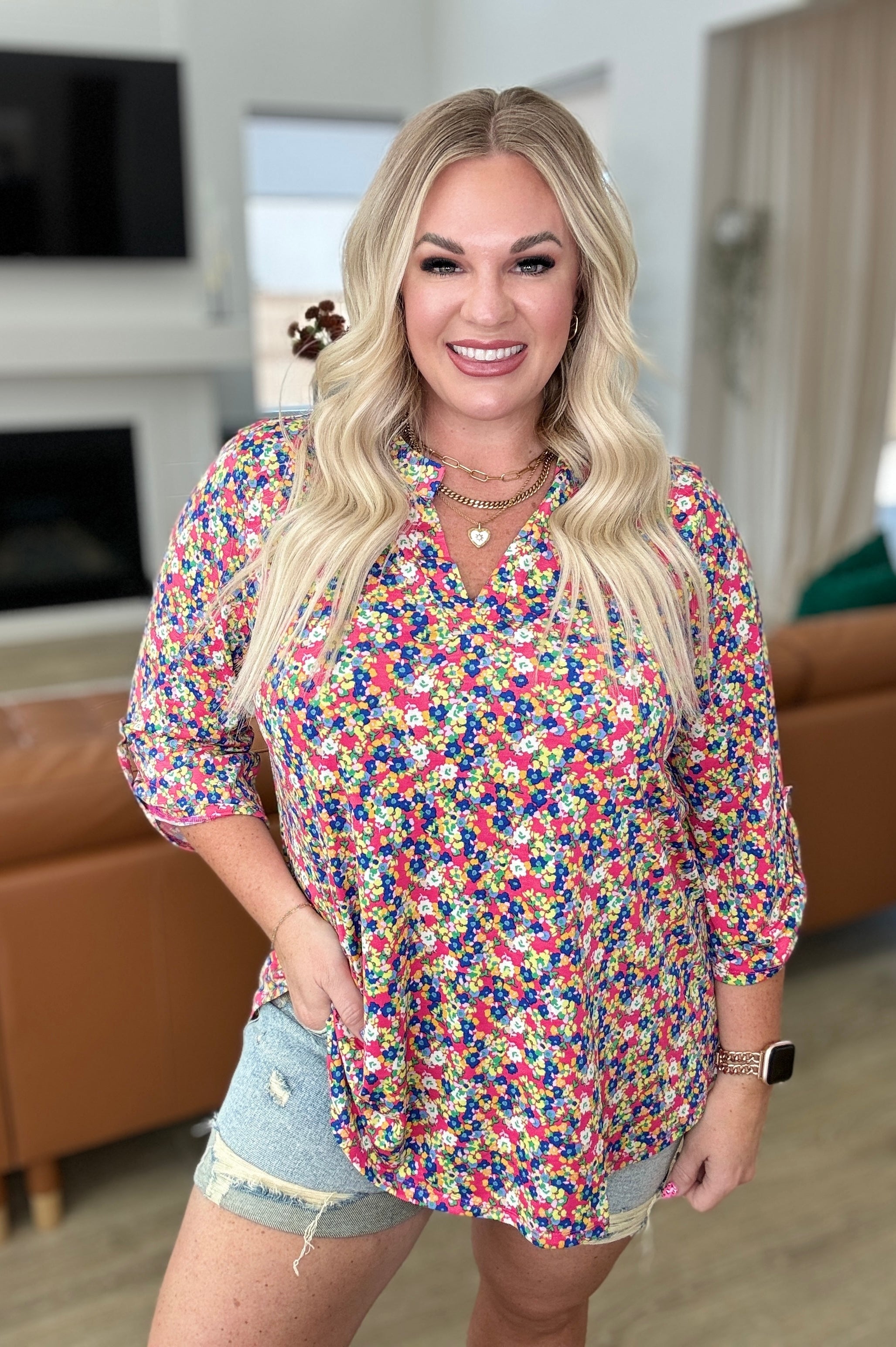 Lizzy Top in Coral Ditsy Floral Ave Shops