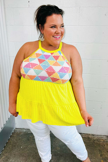 Yellow Geometric Knit Babydoll Halter Top Haptics