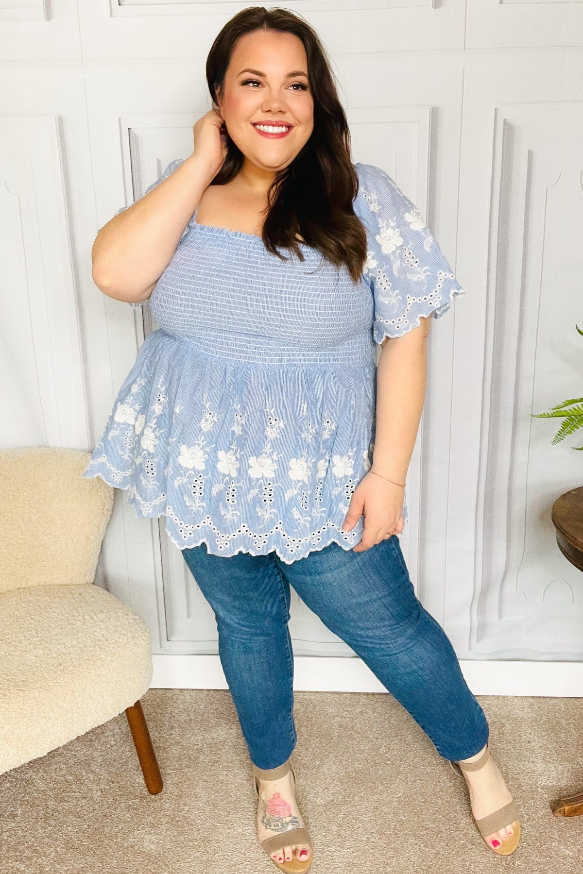 Just A Dream Blue Smocked Floral Embroidered Babydoll Top Haptics