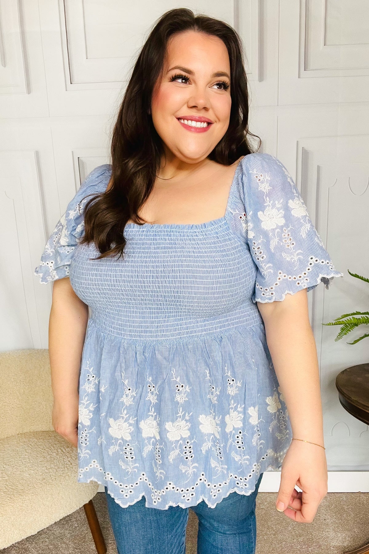 Just A Dream Blue Smocked Floral Embroidered Babydoll Top Haptics