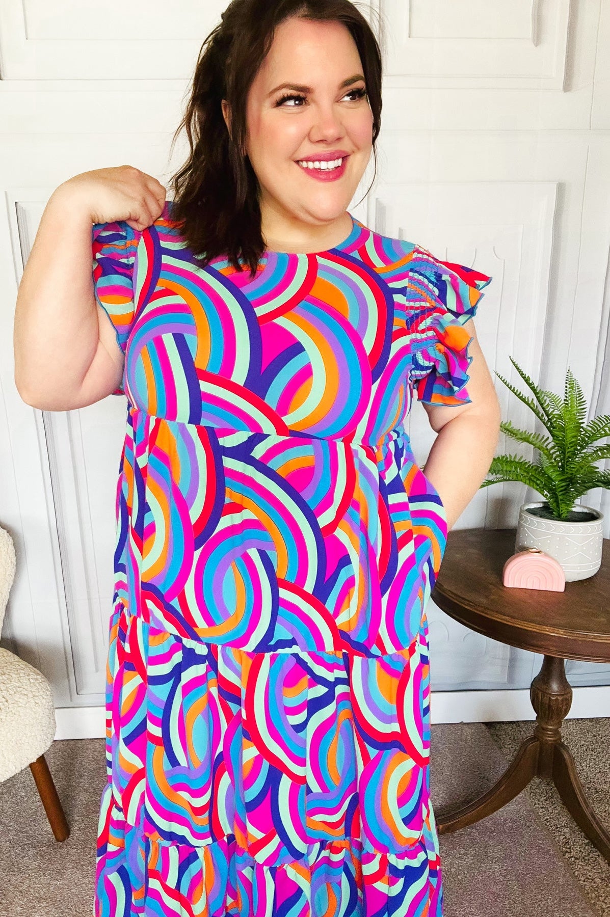 Feel Your Best Purple Abstract Print Smocked Ruffle Sleeve Maxi Dress Haptics