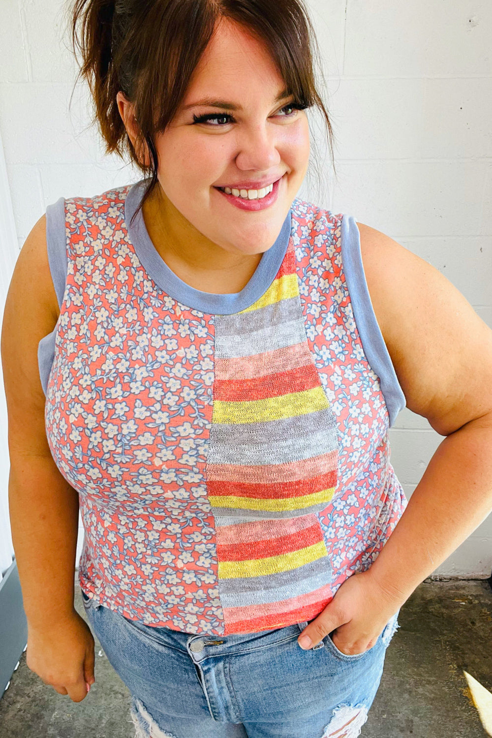 Coral & Denim Stripe Floral Print Tank Top Sugarfox