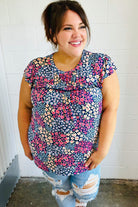 Navy Floral Print Frilled Short Sleeve Yoke Top Haptics