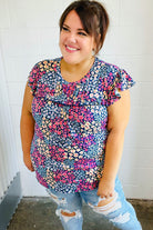 Navy Floral Print Frilled Short Sleeve Yoke Top Haptics