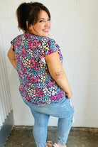 Navy Floral Print Frilled Short Sleeve Yoke Top Haptics