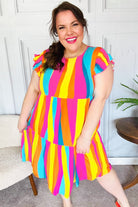 Eyes On You Multicolor Abstract Print Smocked Ruffle Sleeve Dress Haptics