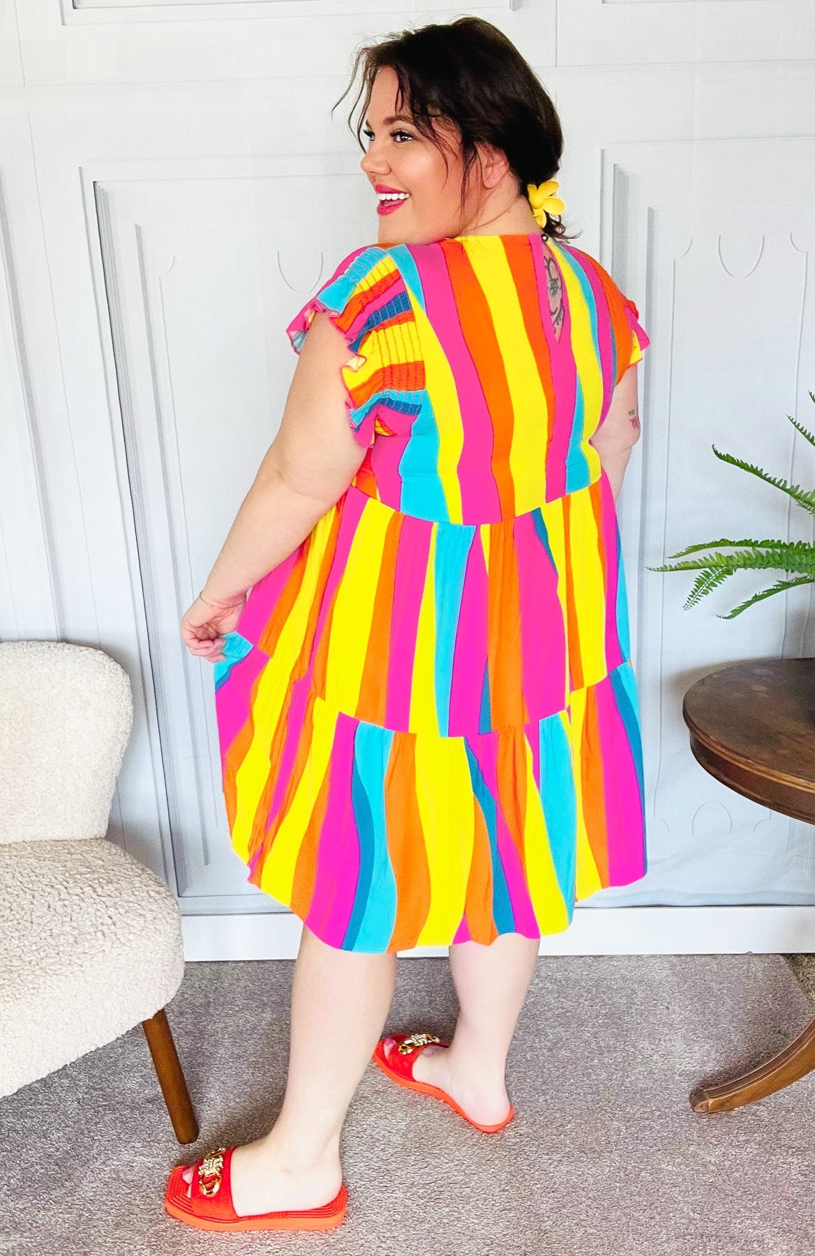 Eyes On You Multicolor Abstract Print Smocked Ruffle Sleeve Dress Haptics