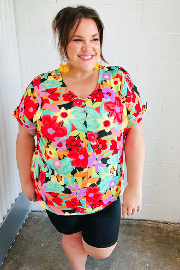 Multicolor Tropical Floral V Neck Drop Shoulder Top Haptics