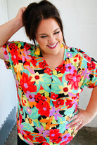 Multicolor Tropical Floral V Neck Drop Shoulder Top Haptics