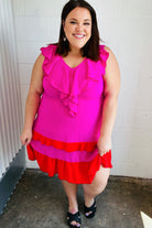 Fuchsia Ruffle V Neck Crepe Tiered Midi Dress Haptics