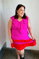 Fuchsia Ruffle V Neck Crepe Tiered Midi Dress Haptics