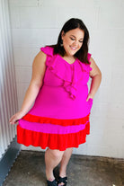 Fuchsia Ruffle V Neck Crepe Tiered Midi Dress Haptics