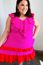 Fuchsia Ruffle V Neck Crepe Tiered Midi Dress Haptics