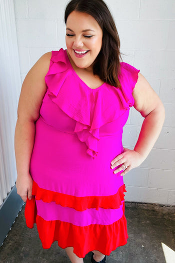 Fuchsia Ruffle V Neck Crepe Tiered Midi Dress Haptics