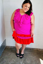 Fuchsia Ruffle V Neck Crepe Tiered Midi Dress Haptics