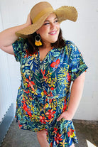 Navy Tropical Floral Surplice Romper Haptics