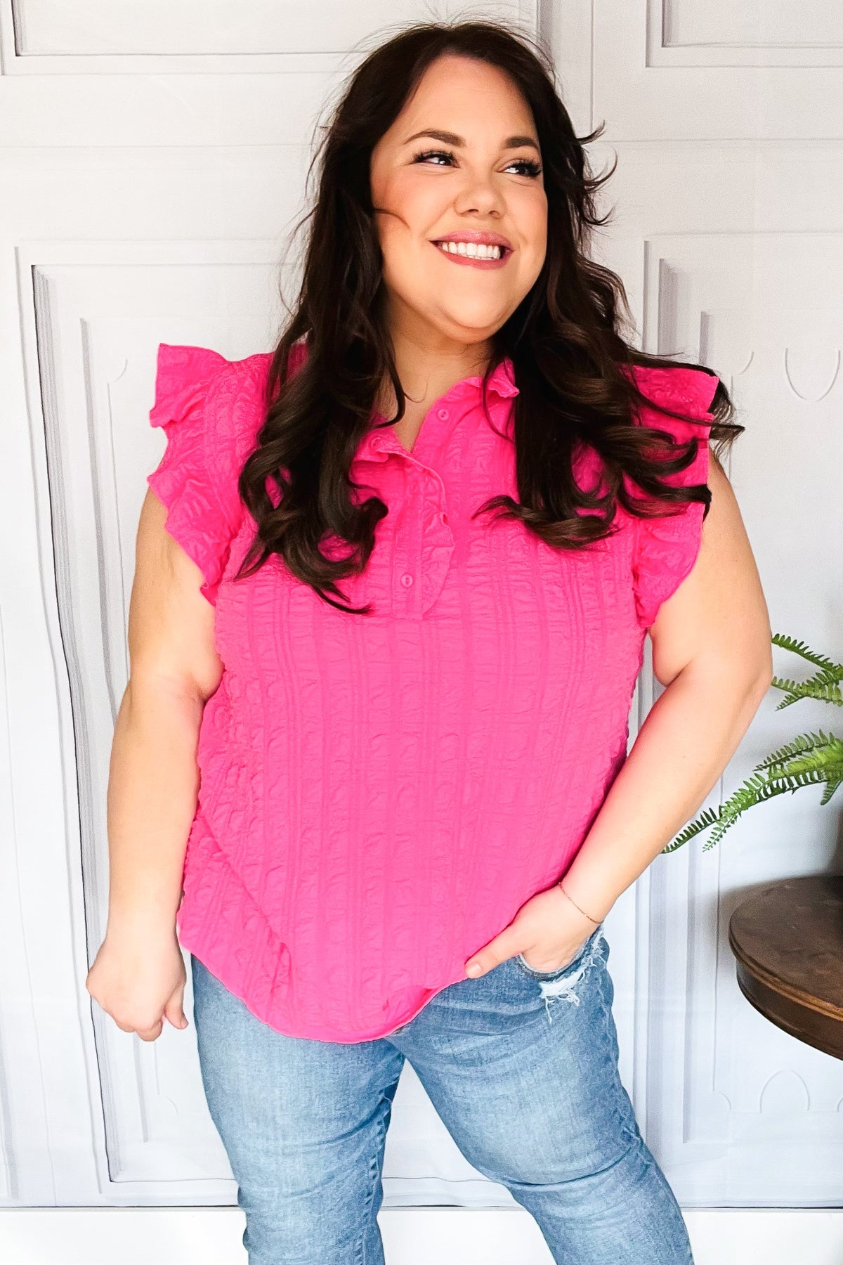 Hot Pink Textured Ruffle Mock Neck Button Down Top Haptics