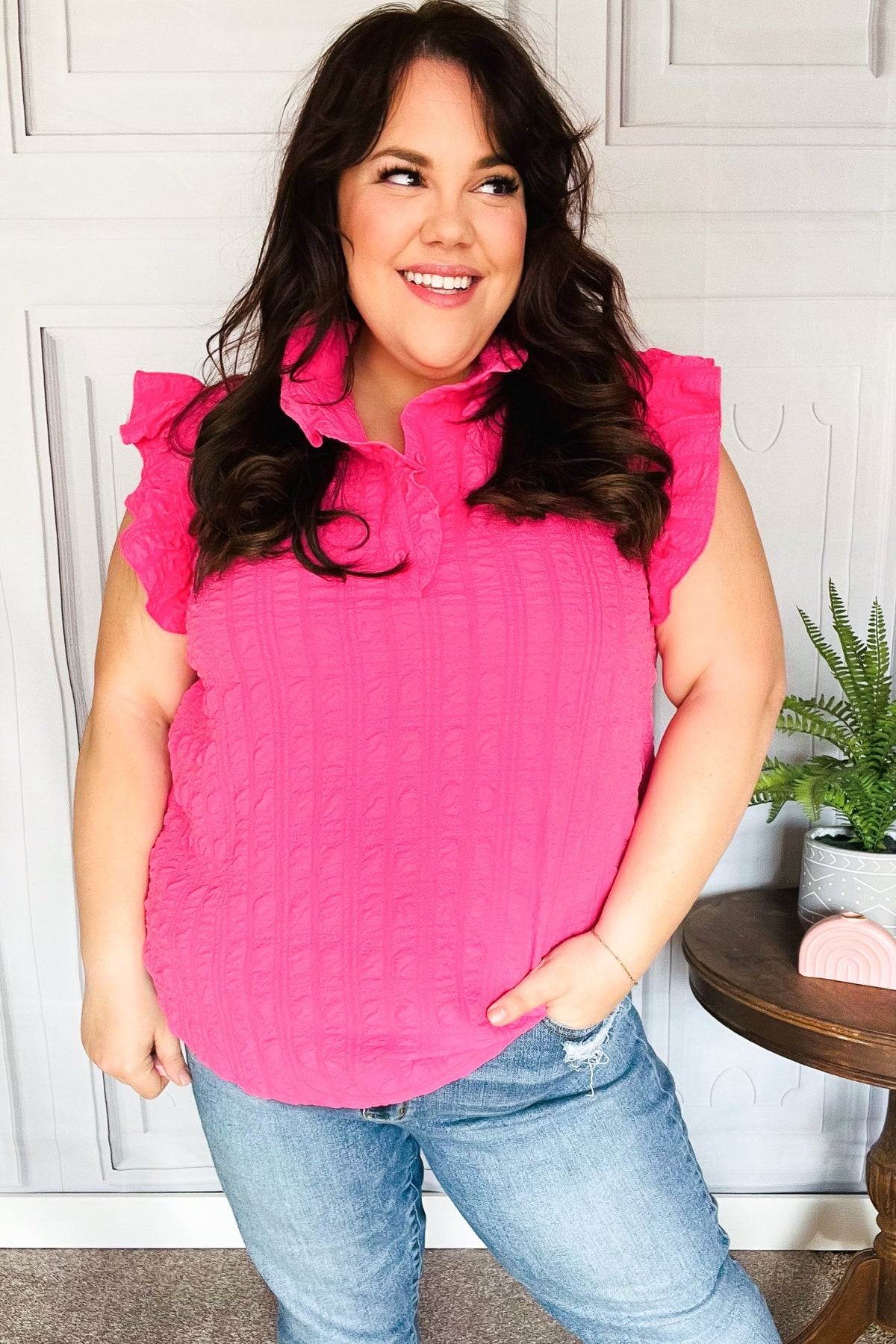 Hot Pink Textured Ruffle Mock Neck Button Down Top Haptics