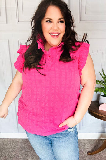 Hot Pink Textured Ruffle Mock Neck Button Down Top Haptics