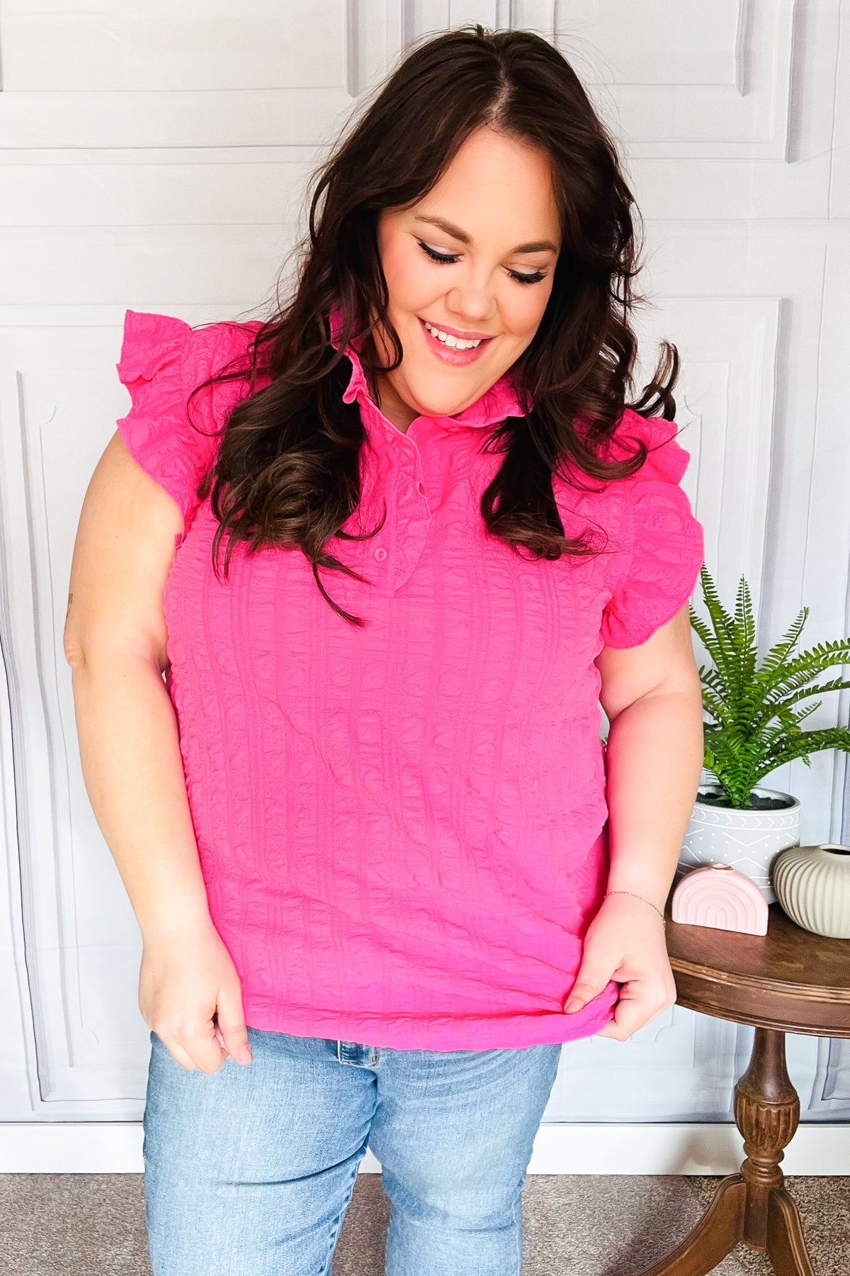 Hot Pink Textured Ruffle Mock Neck Button Down Top Haptics