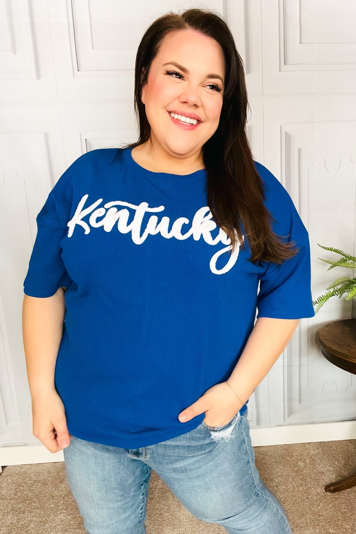 Be Proud Blue "Kentucky" Embroidery Pop Up Rib Knit Top Haptics