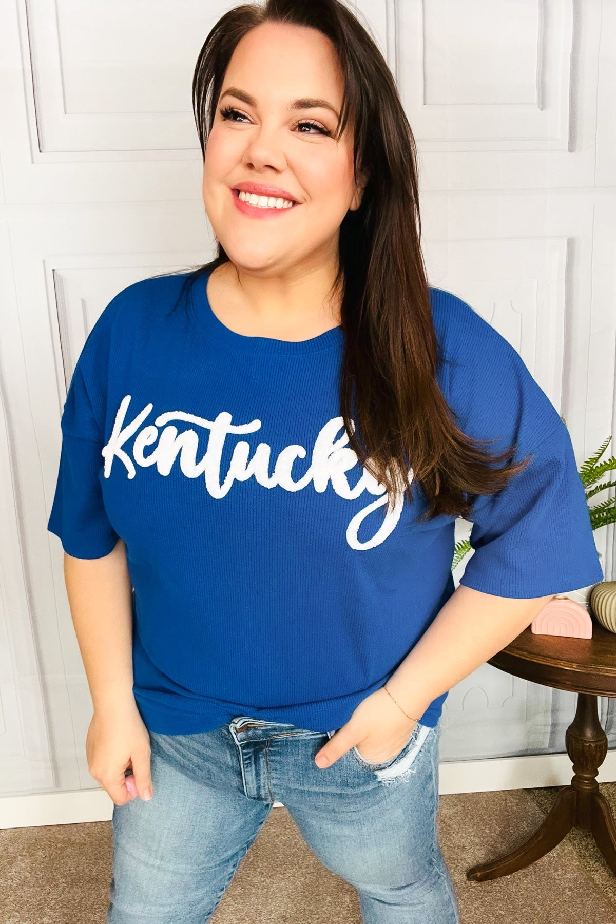 Be Proud Blue "Kentucky" Embroidery Pop Up Rib Knit Top Haptics