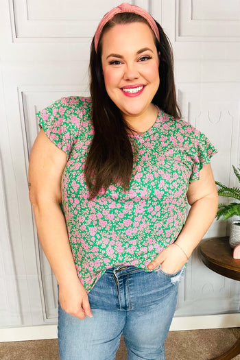 Dreamy Green & Pink Floral Yoke Ruffle Short Sleeve Top Haptics