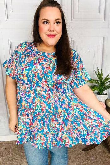 Blue Floral Ruffle Hem Tiered Top Haptics