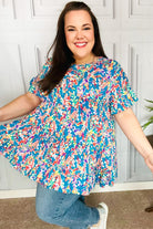 Blue Floral Ruffle Hem Tiered Top Haptics